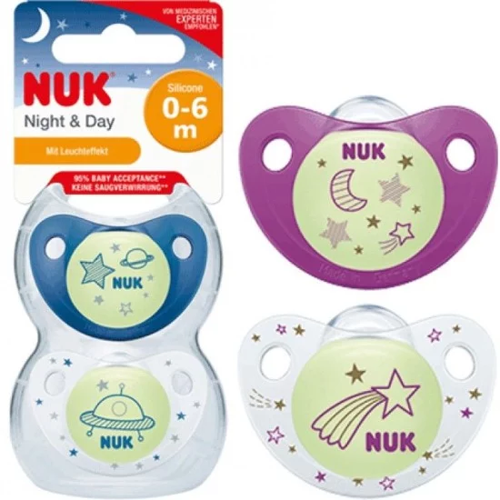 NUK Night/Day silikoninis čiulptukas 0-6 mėn 1vnt (įvairių spalvų) NUK Night/Day silikoninis čiulptukas 0-6 mėn 1vnt (įvairių spalvų)