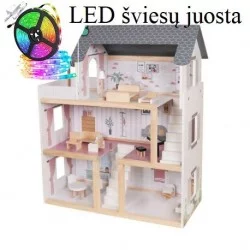 Medinis lėlių namas su baldais ir apšvietimu 