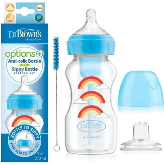DR.BROWN'S buteliukas pereinamasis OPTIONS+ plačiu kakleliu, mėlynas 270ml + silikoninis snapelis DR.BROWN'S buteliukas pereinamasis OPTIONS+ plačiu kakleliu, mėlynas 270ml + silikoninis snapelis