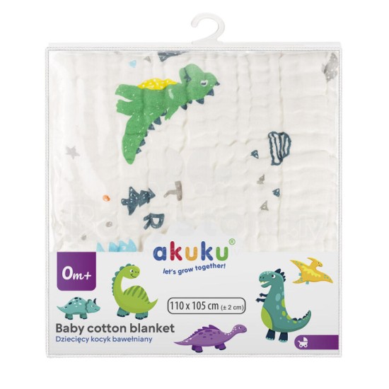 Akuku muslininis pledukas 110x105 cm. Dinozaurai, A0685