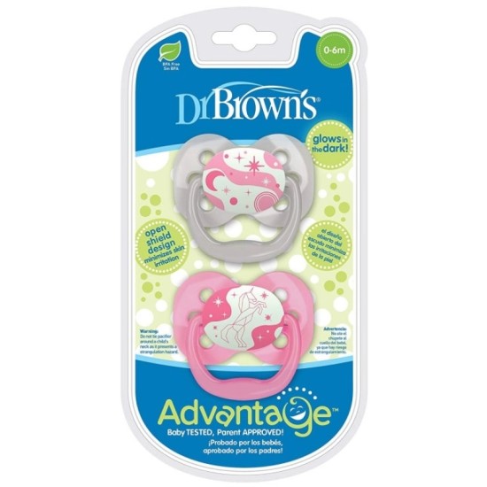 DR.BROWN'S tamsoje šviečiantys čiulptukai ADVANTAGE 0-6 mėn., 2 vnt, rožiniai