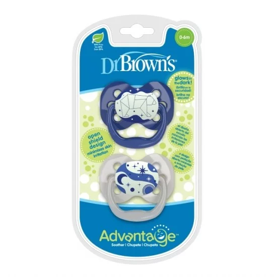 DR.BROWN'S tamsoje šviečiantys čiulptukai ADVANTAGE 0-6 mėn., 2 vnt, mėlyni DR.BROWN'S tamsoje šviečiantys čiulptukai ADVANTAGE 0-6 mėn., 2 vnt, mėlyni