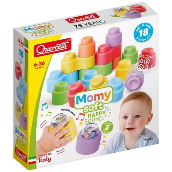 Quercetti Momy Soft Happy Sound - minkštos kaladėlės su barškučiais 18det.