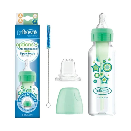 DR. BROWN'S buteliukas pereinamasis OPTIONS+ siauru kakleliu, žalias 250ml + silikoninis snapelis