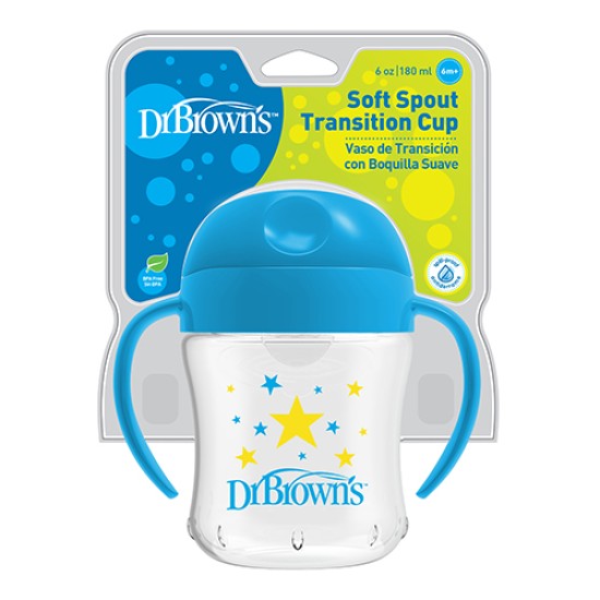 Dr.Browns Mokomoji gertuvė minkštu snapeliu su rankenėlėm 180 ml Dr.Browns Mokomoji gertuvė minkštu snapeliu su rankenėlėm 180 ml
