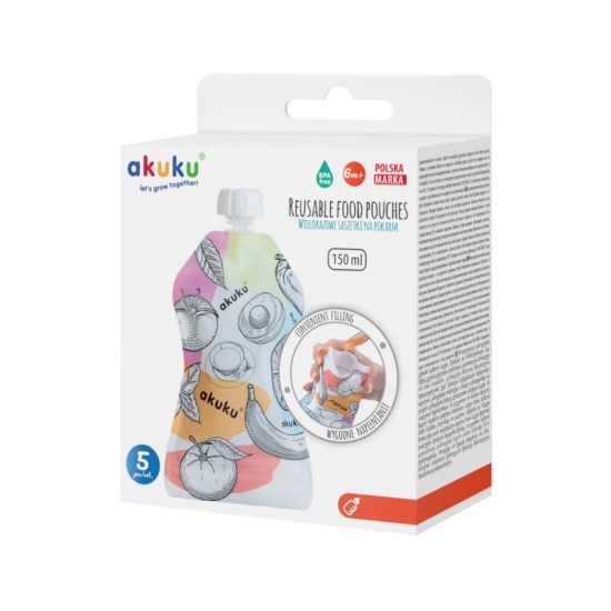 Akuku maišeliai maisteliui daugkartiniai 5 vnt 150ml A0056 Akuku maišeliai maisteliui daugkartiniai 5 vnt 150ml A0056