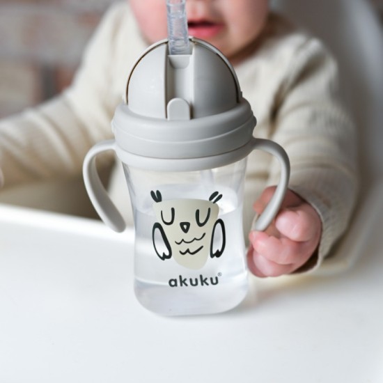Akuku puodelis su šiaudeliu 290ml rudas pelėda A0204