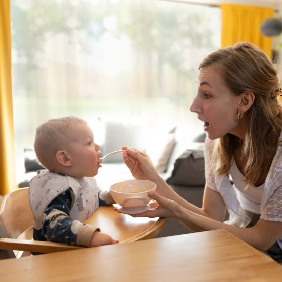 Babyono lėkštė limpančiu dugnu šaukštelis 6+ m kreminė rožinė 1063/06 Babyono lėkštė limpančiu dugnu šaukštelis 6+ m kreminė rožinė 1063/06