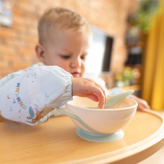 BabyOno lėkštė limpančiu dugnu šaukštelis 6+ m kreminė žalia 1063/07 BabyOno lėkštė limpančiu dugnu šaukštelis 6+ m kreminė žalia 1063/07